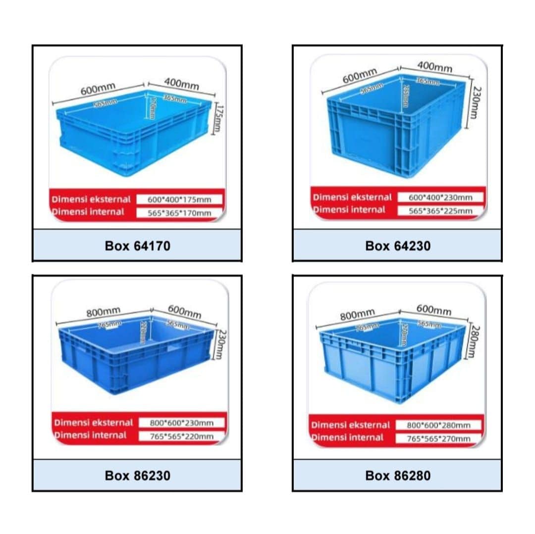 Daftar produk dan ukuran keranjang box container industri HDPE